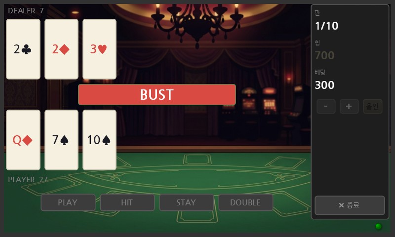 블랙잭 — 카드가 깔리면 이렇게. 27로 BUST