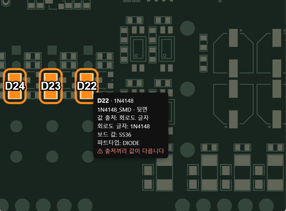 D22 에 마우스를 올리면 출처별 값이 보인다 — 회로도 글자 1N4148, 보드 값 SS36
